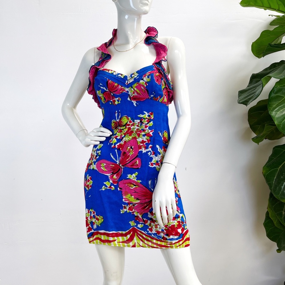 Nanette Lepore Ruffle Halter Butterfly Floral Tie Back Mini Dress 6